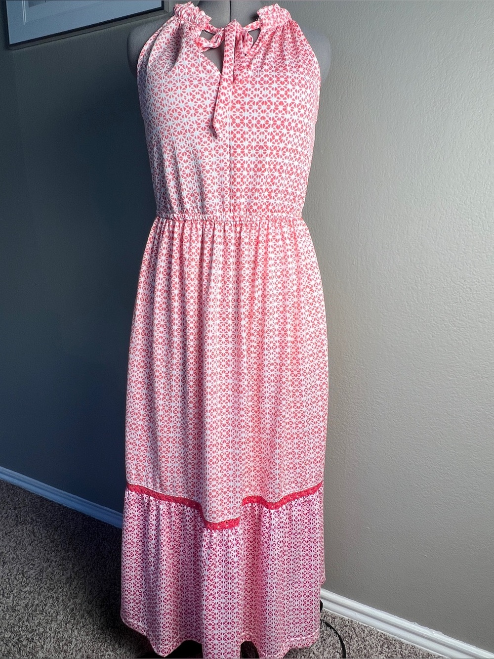 Cabana Life Geometric Coral & White Crochet Tiered Halter Maxi Dress M